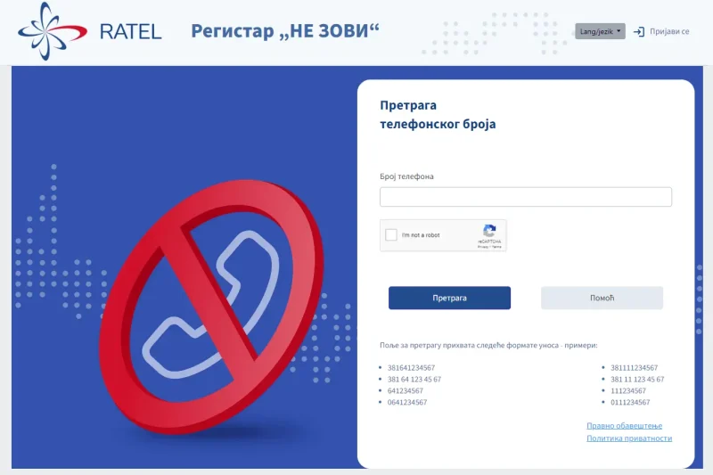 Ratel Ne zovi registar