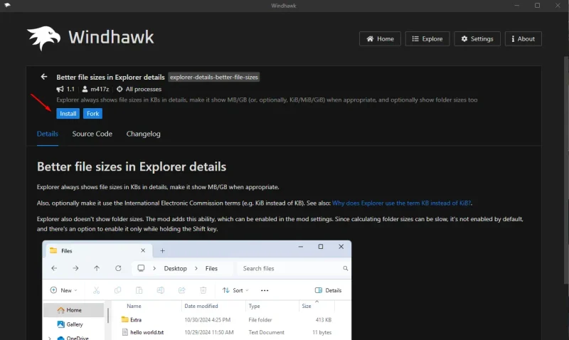 Instalacija moda za Win 11 u Windhawk programu