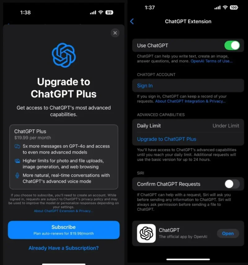 OpenAI chatGPT Plus u iOS18