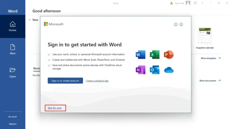 Besplatne office aplikacije na Windowsu? 2 Korisnici su primetili da je sada moguće koristiti Office aplikacije na Vindovs-u bez licence. Nakon prvog pokretanja, upit koji traži da se prijavite pomoću svog Microsoft naloga prikazuje dugme „Preskoči za sada“. Klikom na njega vodite se do drugog prozora gde možete da pritisnete „Nastavi besplatno“—nije potreban Microsoft 365 ili trajna licenca.