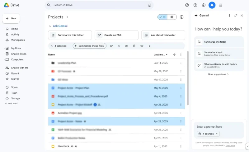 Gemini u Google Drive, ćaskanje u bočnom panelu