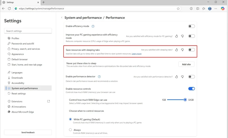 Podesite limit RAM memorije u Edge