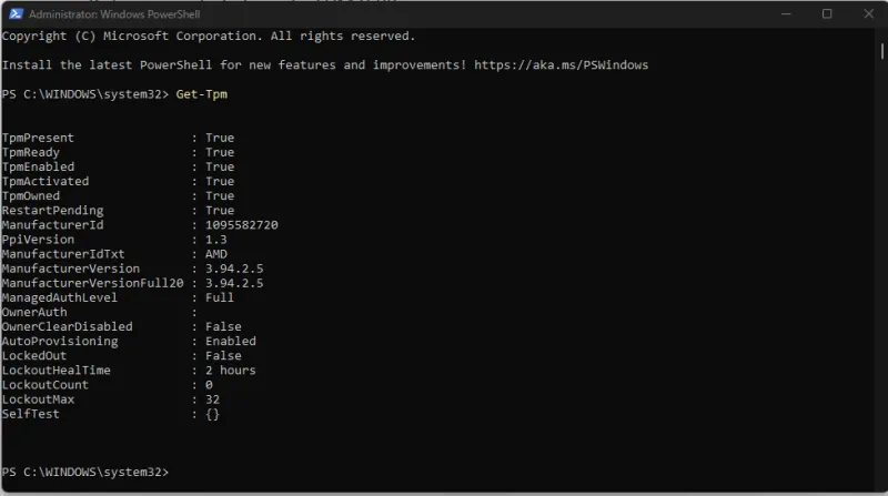 Provera da li imate TPM aktivan, komanda Get-Tpm prikazuje status u PowerShell