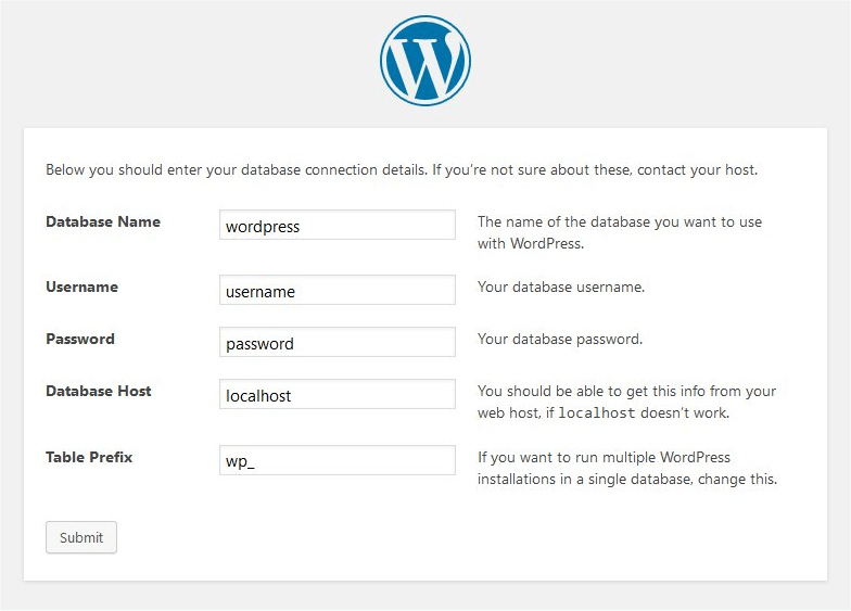 Wordpress install page