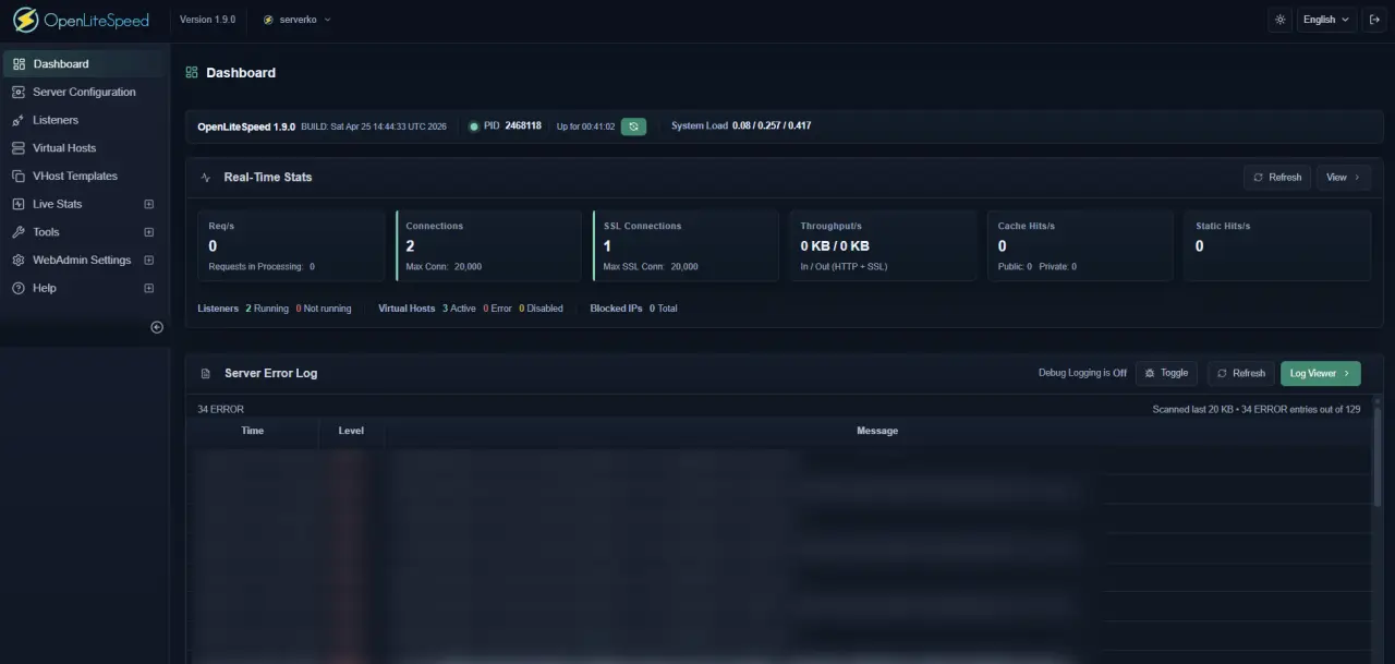 OpenLiteSpeed dashboard najnoviji update