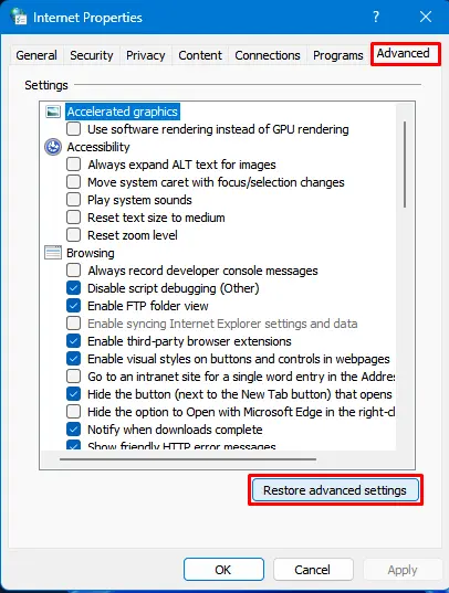 Restauracija naprednih internet postavki