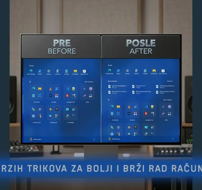 Windows 11 optimizacija: 10 brzih trikova za bolji i brži rad računara kroz uporedni prikaz Start menija pre i posle čišćenja preporuka