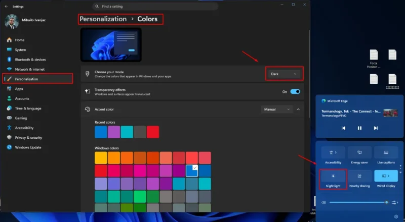 Aktivacija tamnog režima i noćnog svetla u Windows 11 podešavanjima