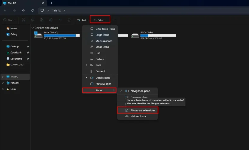 Prikaz ekstenzija datoteka u Windows 11 File Exploreru