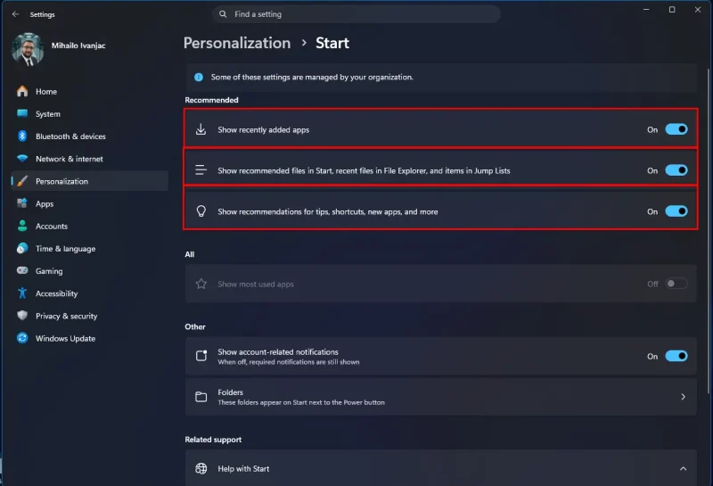 Prikaz ekrana sa podešavanjima u Windows 11 gde je isključena opcija za prikazivanje preporučenih aplikacija i fajlova u Start meniju.