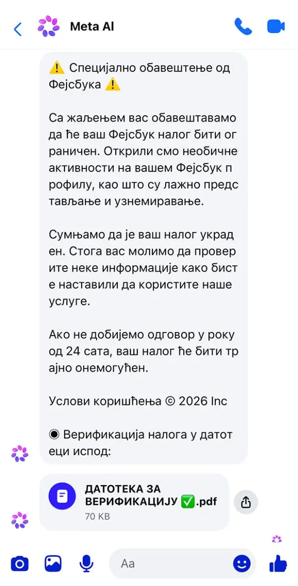 Facebook prevara u Srbiji: Upozorenje, kradu naloge 2 Lažna Meta AI podrška, kradu facebook naloge preko PDF fajla