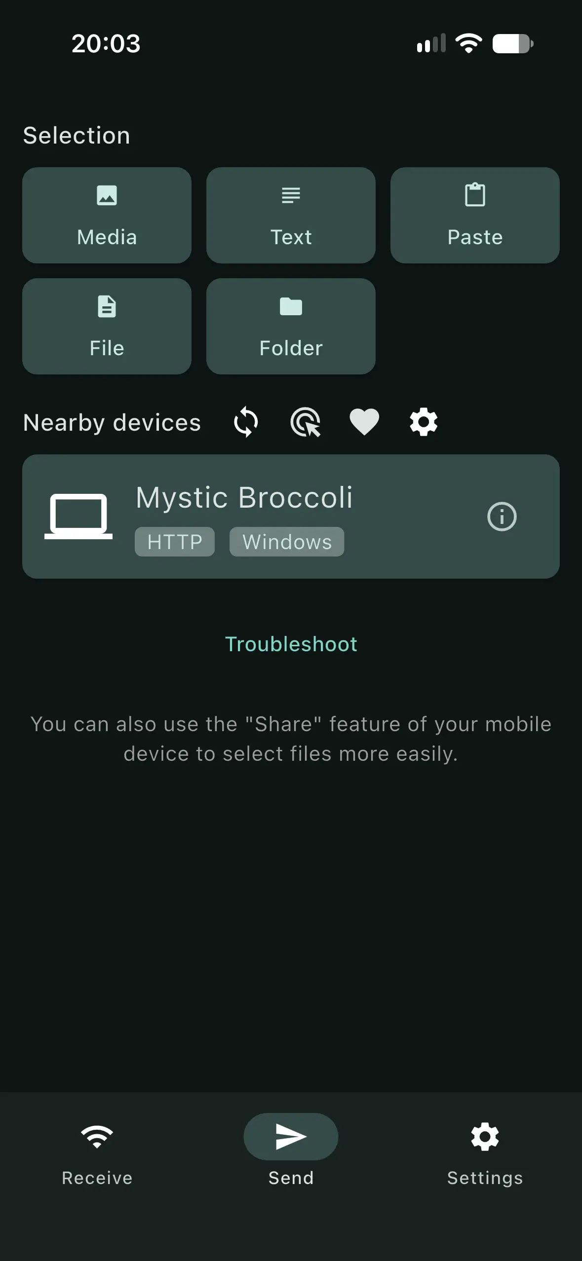 LocalSend na iPhone 15 Pro prikazuje Windows računar kao Nearby device