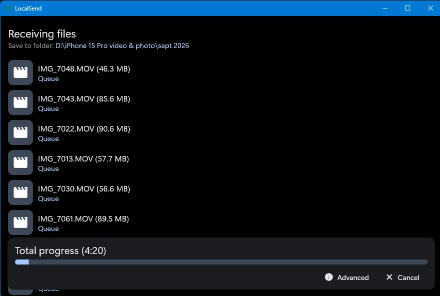 LocalSend na Windows 11 prima video fajlove sa iPhone-a preko Wi-Fi mreže