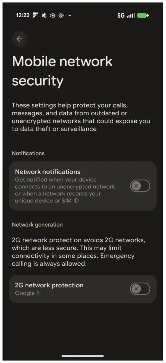 Android 17 mrežna zaštita u odeljku Mobile network security