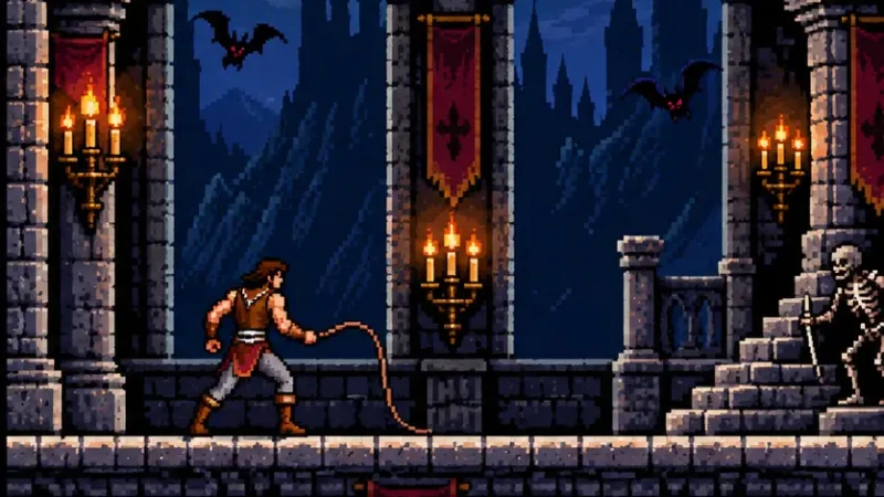 Originalna retro scena gotičkog zamka u piksel art stilu