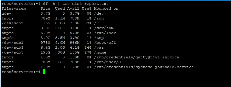 Linux komande: Vodič kroz korisne trikove 3 Izvršavanje Linux tee komande za istovremeni prikaz zauzeća diska na ekranu i upis u tekstualnu datoteku