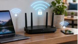 Kućni Wi‑Fi audit i bezbedno podešen ruter, originalna AI ilustracija