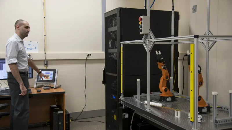 NIST vodič za OT bezbednost: istraživač pored robotskih ruku u industrijskom test okruženju