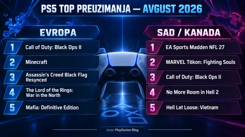 Najpopularnije PS5 igre u avgustu 2026. 1 Najpopularnije PS5 igre u Evropi i SAD tokom avgusta 2026. prikazane u dve rang-liste