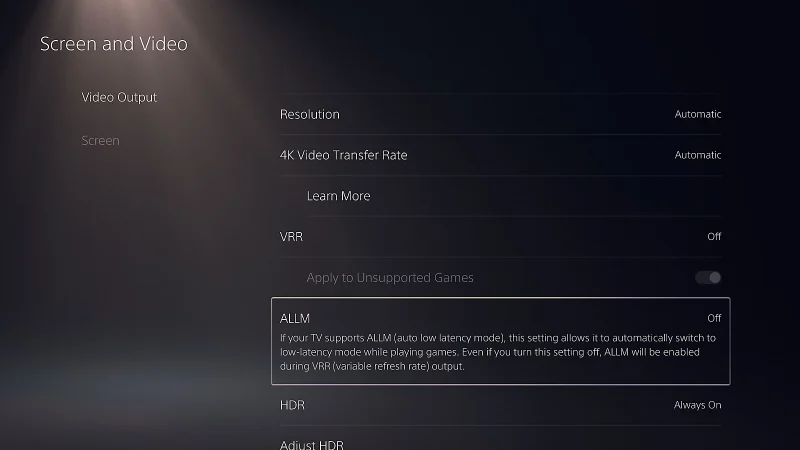 120 Hz u igrama — PlayStation 5 meni sa video podešavanjima