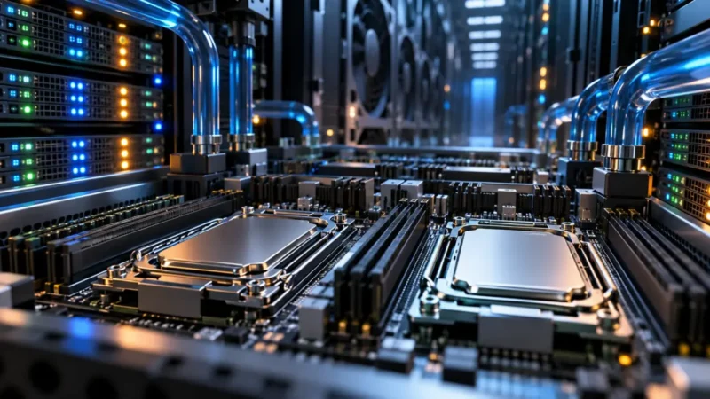 Arm AGI CPU benchmark pokazuje rack prednost 1 Arm AGI CPU benchmark — Serverski rack sa procesorima i prikazom energetskog budžeta za AI agente