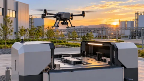 Industrijski dron prilazi automatizovanom doku za zamenu baterije
