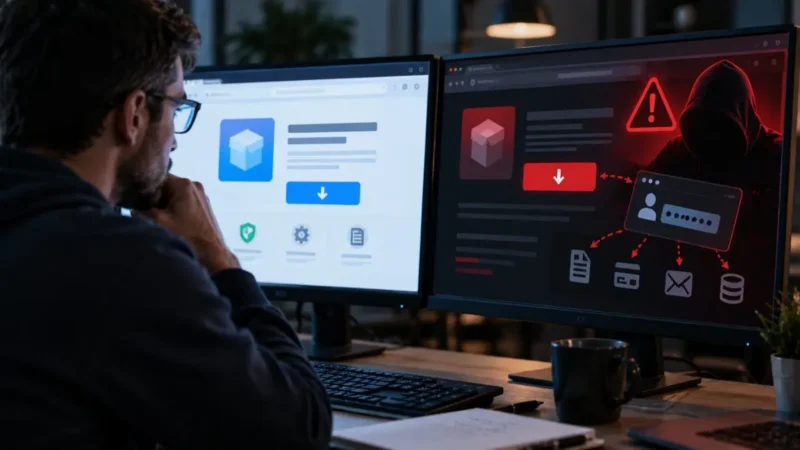 Lažni VPN sajt krade pristupne podatke administratora 1 lažni VPN sajt — Administrator proverava sumnjivu VPN stranicu i upozorenje za krađu lozinke