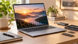 Tanak laptop sa prenosivim SSD uređajem na radnom stolu