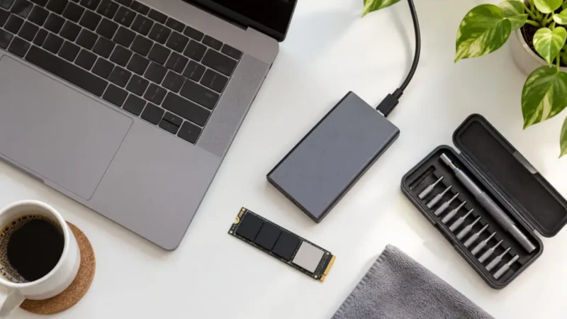 ORICO OBook15 laptop je prvi računar kompanije 1 ORICO OBook15 laptop — Tanak laptop otvoren na radnom stolu pored eksternog SSD dodatka