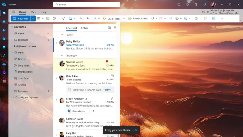 Outlook Themes by Copilot ukidanje i primenjena prilagođena tema