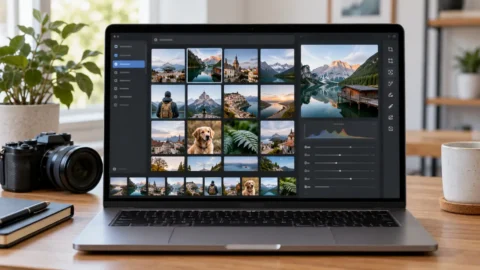 Laptop sa modernom aplikacijom za organizovanje i uređivanje fotografija
