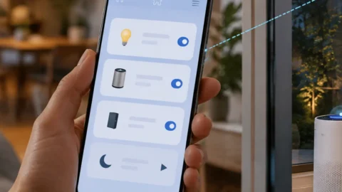 Telefon sa kontrolama pametnog doma u dnevnoj sobi
