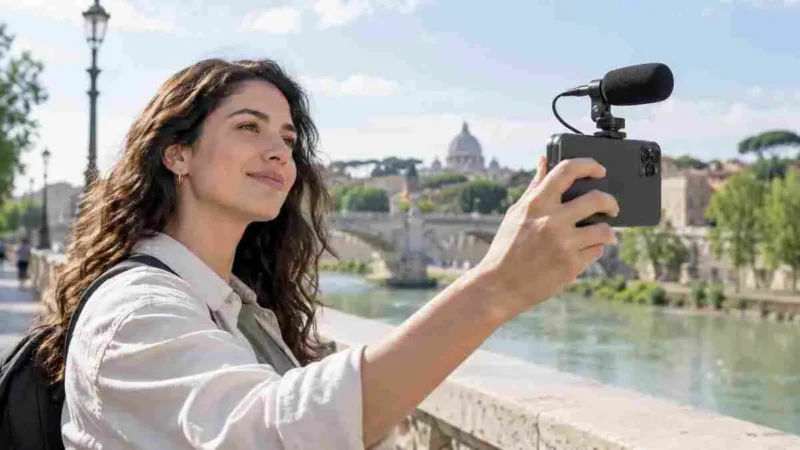 Sony ECM-AX10 prostorni mikrofon u mobilnom snimanju, AI ilustracija