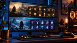 PC monitor sa apstraktnim prikazom igračkih dostignuća i kontroler na stolu