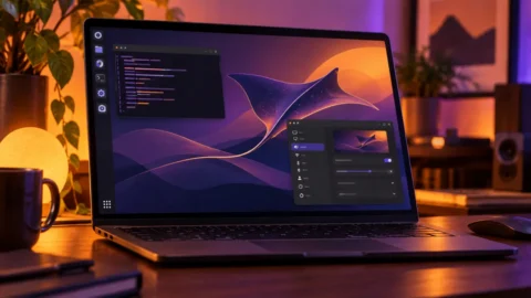 Linux laptop sa terminalom i apstraktnom ražom na pozadini