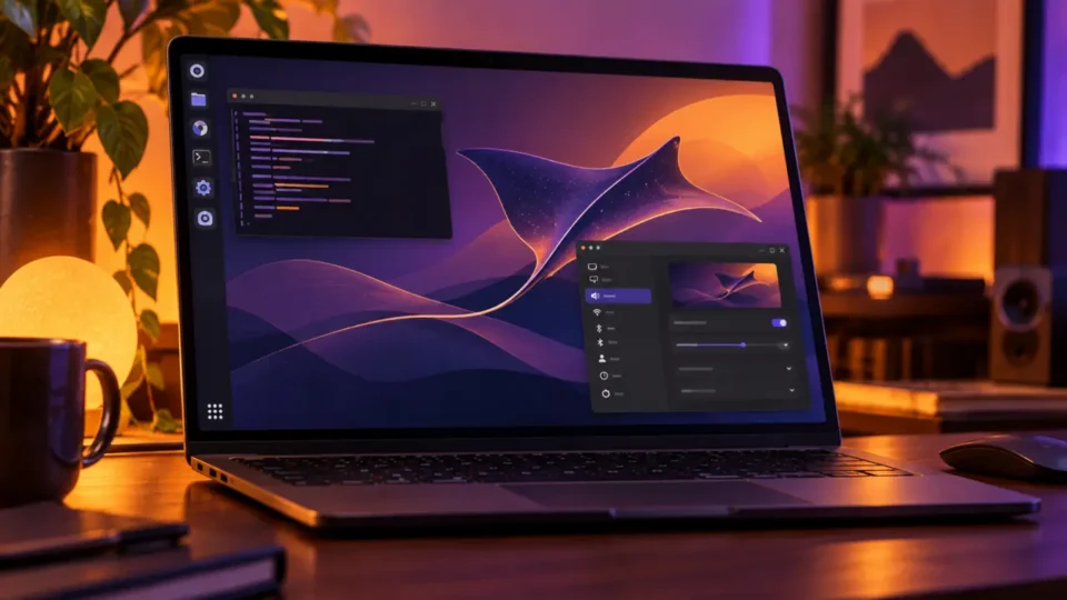 Linux laptop sa terminalom i apstraktnom ražom na pozadini