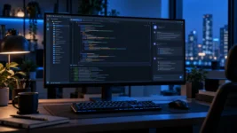 Programerski editor sa kodom, terminalom i panelom asistenta na monitoru