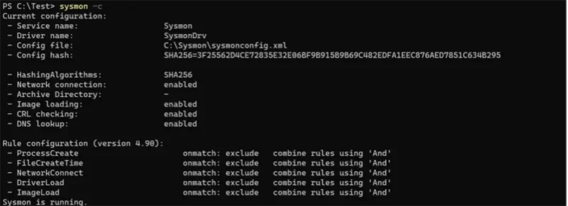 Kako uključiti Sysmon u Windowsu 11 — PowerShell prikaz konfiguracije